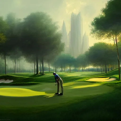 Image similar to Concept art, beautiful painting of a golf course in the midst of metropolis city, green spaces, 8k, Jeremy Cheung, greg rutkowski, artstation