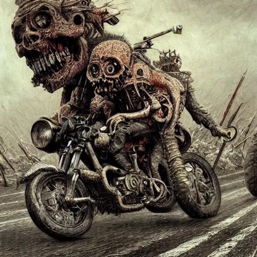 Image similar to motorbikers race in hell, horror art, by beksinski, szukalski, giger, pyromallis, dzo, iris compiet, seb mckinnon, digital art, highly detailed, intricate, sharp focus, trending on artstation hq, deviantart, pinterest, unreal engine 5, 4 k uhd image