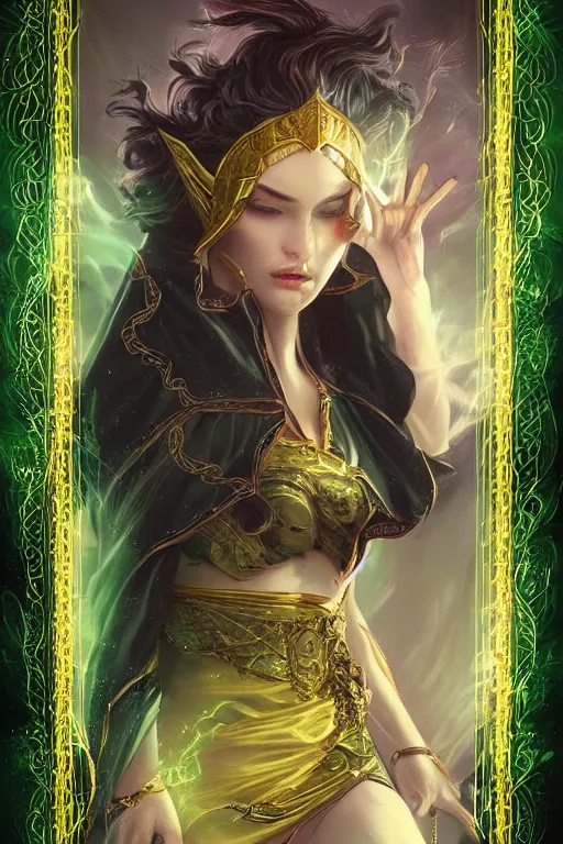 Prompt: a tarot card of an attractive young girl sorceress wearing a black robe with gold embroidery, casting a spell, green glows, painted by artgerm and tom bagshaw, in the style of magic the gathering, intricate, highly detailed digital art