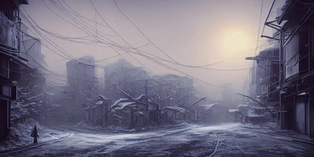 Image similar to nuclear winter, street of kyoto, near future, fantasy, sci - fi, hyper realistic, serene, morning.