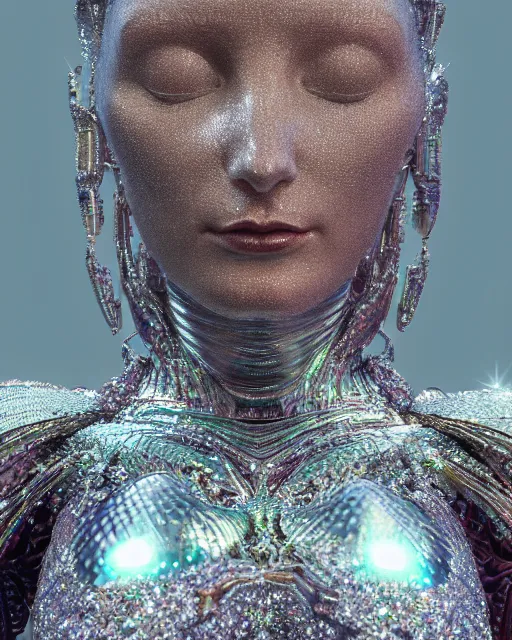 Image similar to a highly detailed metahuman 4 k close up render of an alien goddess bella hadid monument techno in iris van herpen dress schiaparelli in diamonds crystals swarovski and jewelry iridescent in style of alphonse mucha gustav klimt trending on artstation made in unreal engine 4