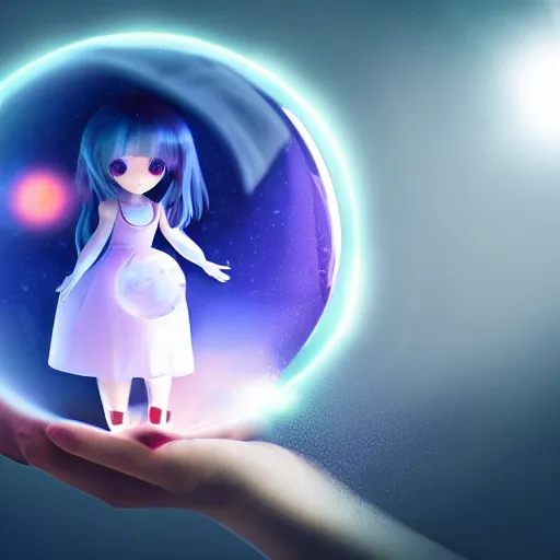 Prompt: cute fumo plush girl gazing into a crystal ball swirling with strange energy, smoke and volumetric fog, lens flare glow, chibi, vray