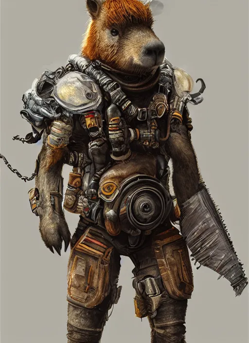 Image similar to detailed full body concept art illustration oil painting of an anthropomorphic capybara mad max in full intricate clothing, biomutant, dystopian, ultra detailed, digital art, octane render