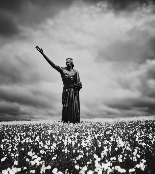 Prompt: mystical black death god figure standing in tall meadow of flowers, film photo, grainy, high detail, high resolution