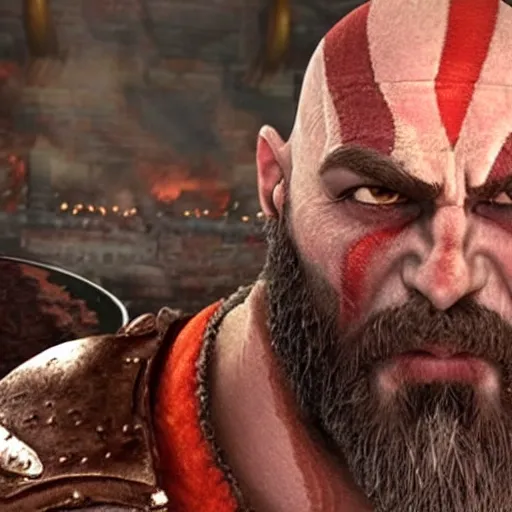 Prompt: kratos from god of war ordering a burger and a soda