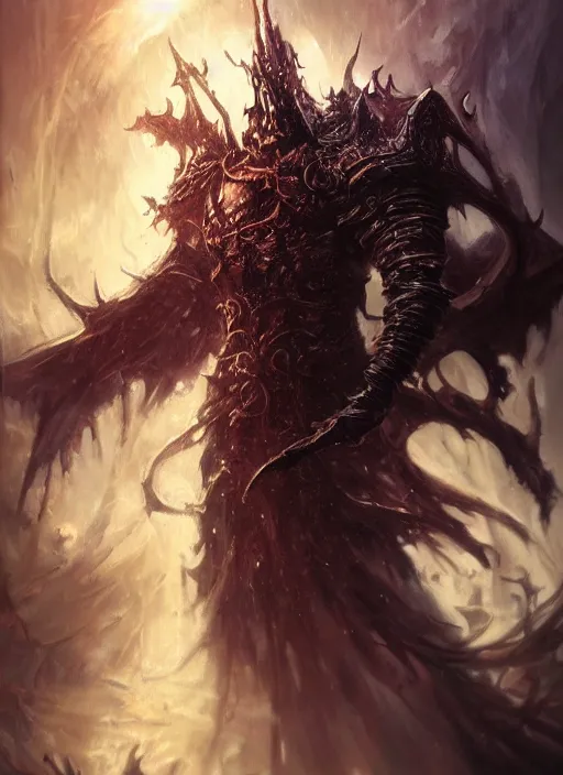 Image similar to powerful undead litch, dark souls boss, magic swirling, painted by raymond swanland