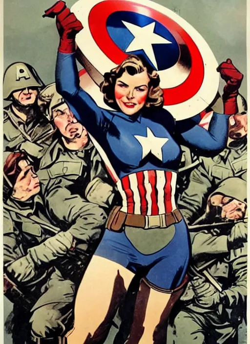 Image similar to 🦸♀ beautiful female captain america standing on a pile of defeated, beaten and broken german soldiers. feminist captain america wins wwii. american wwii propaganda poster by james gurney. gorgeous face. overwatch