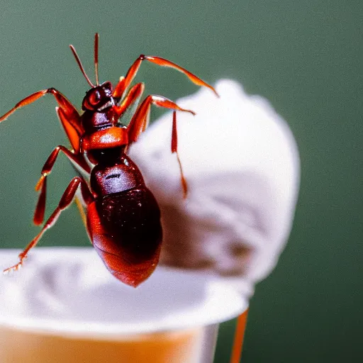 Prompt: macro photography of an ant on a cone of icecream