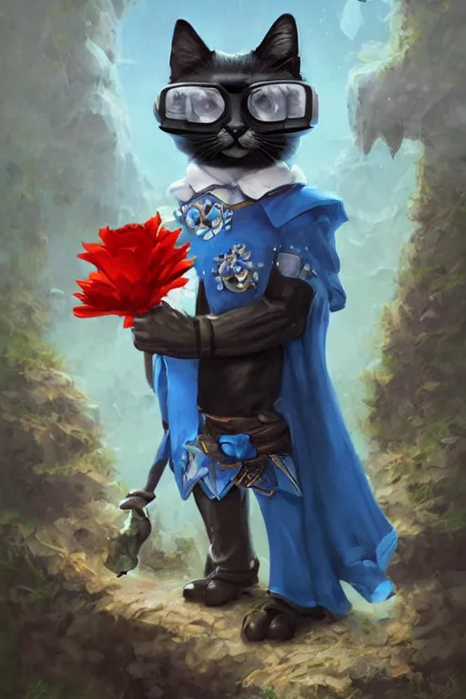 Image similar to cute anthropomorphic tuxedo cat wearing a cape and a goggles and holding a flower , miniature, baby animal, short, blue armor, cute and adorable, pretty, beautiful, DnD character art portrait, matte fantasy painting, Cg society artstarion, by Jason Felix by Steve Argyle by Tyler Jacobson by Peter Mohrbacher, cinematic lighting