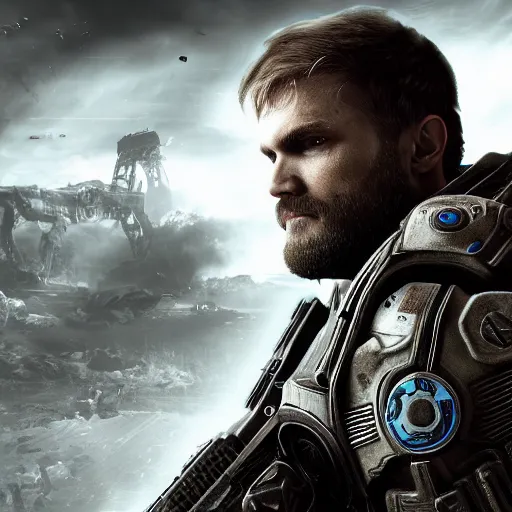 Prompt: Portrait of pewdiepie in Gears of War, splash art, movie still, cinematic lighting, dramatic, octane render, long lens, shallow depth of field, bokeh, anamorphic lens flare, 8k, hyper detailed, 35mm film grain