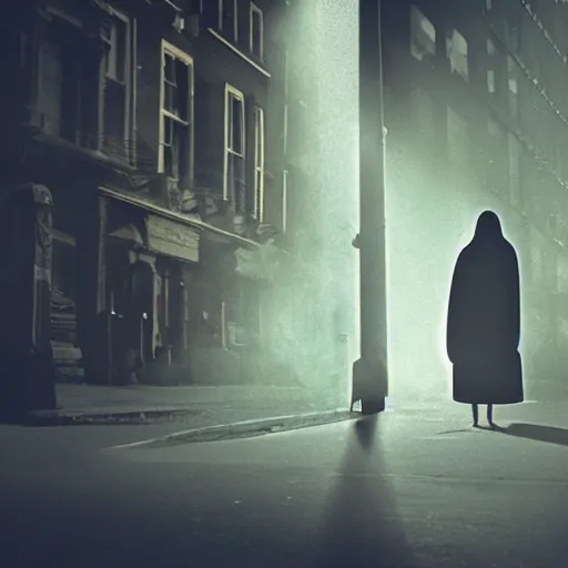 Image similar to ghost under a sheet with a cigarette in mouth, haunting a NYC sidewalk, trending on artstation, 8k, 4k, volumetric lighting, lighthearted, cinematic composition, hd, fun