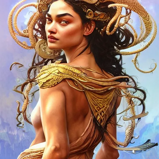 Image similar to Shanina Shaik as Medusa, greek goddess, intricate, elegant, highly detailed, digital painting, artstation, concept art, smooth, sharp focus, illustration, art by artgerm and greg rutkowski and alphonse mucha