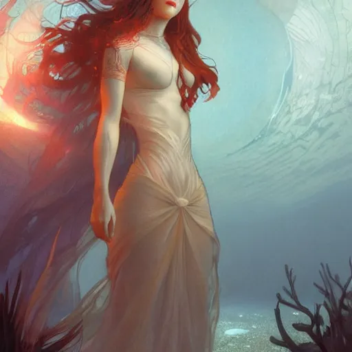 Prompt: a female red hair wearing see through white long dress under the water, bubble, underwater caustic, olive skinned, sumerian, d & d, highly detailed, digital painting, artstation, concept art, sharp focus, illustration, cinematic lighting, art by artgerm and greg rutkowski and alphonse mucha