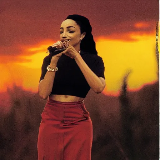 Image similar to picture of Sade Adu with sunset behind her singing while it's raining