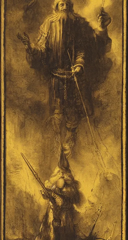 Prompt: Ornate tarot card of the magician, matte painting by Rembrandt