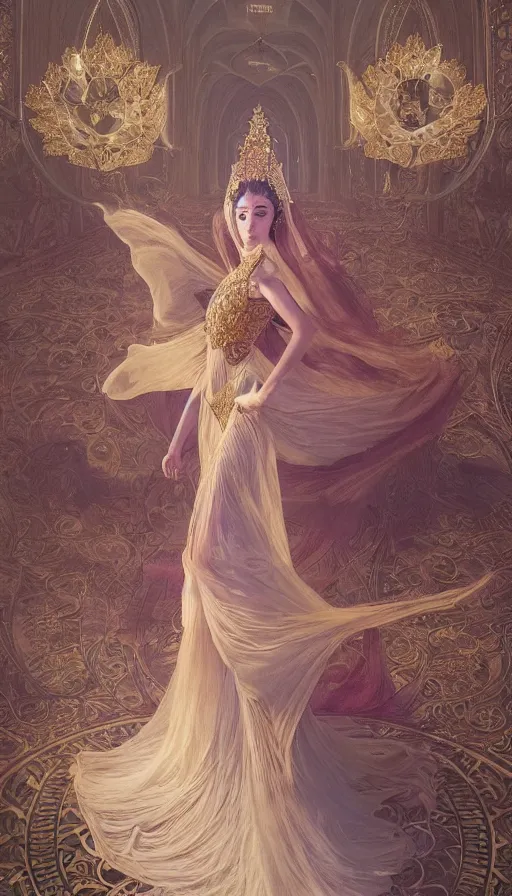 Image similar to dance meditation, madison beer, long beautiful voluminous medieval court dress with train and embroidered flowers, highly detailed, glowing, action pose, cinematic, art deco, gold filigree, ethereal, alfonso mucha, zdzisław beksinski, andrei ryabovichev, shaun tan, chriss foss, peter mohrbacher, 4 k