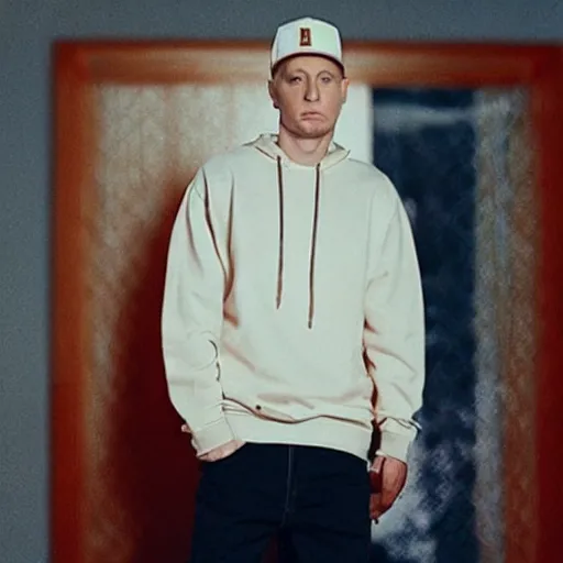 Prompt: eminem wearing a spaghetti sweater. High detail, dramatic lighting, film grain,