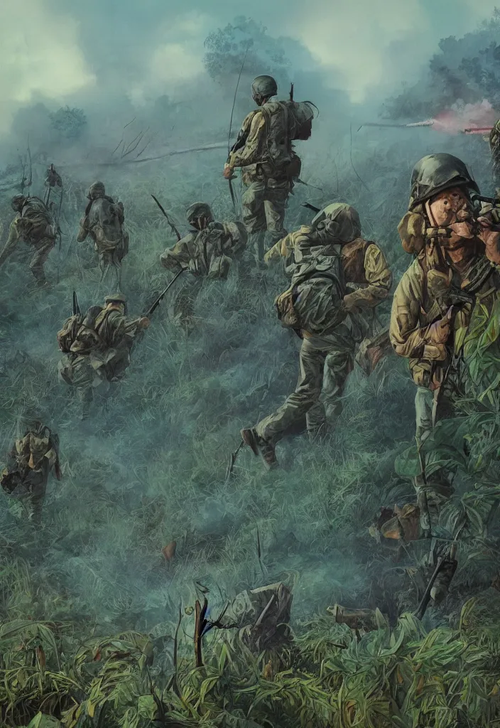 Image similar to handmade illustration of an epic Vietnam war scene with only one american soldiers stand still, the jungle at the background, some smoke and fire, blue sky with dramatic clouds, line art, ballpoint, oil on canvas by Kilian Eng and by Jake Parker, heavy brushstrokes, winning-award masterpiece, fantastic, octane render, 8K HD Resolution, High quality image