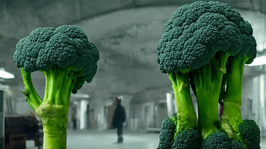 Image similar to the broccoli creature, film still from the movie directed by denis villeneuve and david cronenberg with art direction by salvador dali, wide lens