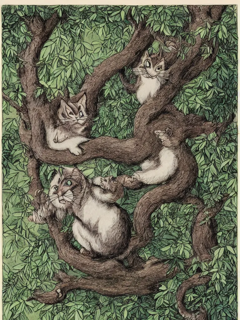 Image similar to Tenniel illustration cheshire cat, sitting in a tree