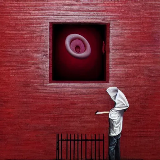 Prompt: A experimental art. A rip in spacetime. Did this device in his hand open a portal to another dimension or reality?! maroon by Lee Madgwick swirling