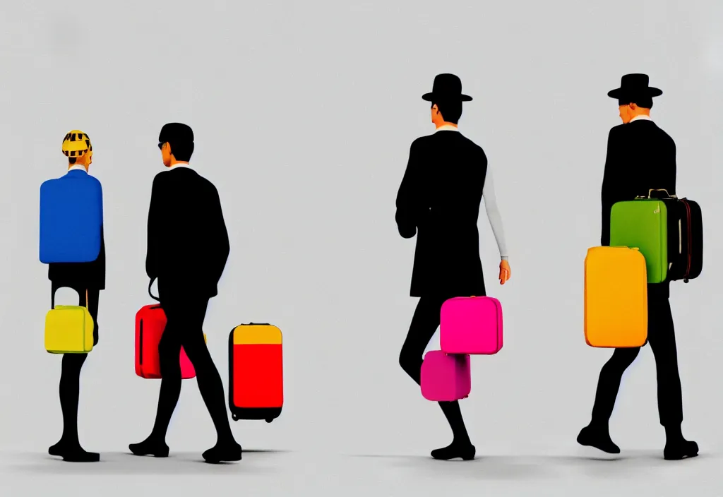 Image similar to full body portrait of a duo of european tourists travel apparel, various poses walking and carrying luggage, geometric character designs painting, in the style of wes anderson, rene magritte, lola dupre, david hockney, isolated on white background, dark monochrome neon spraypaint accents octane render