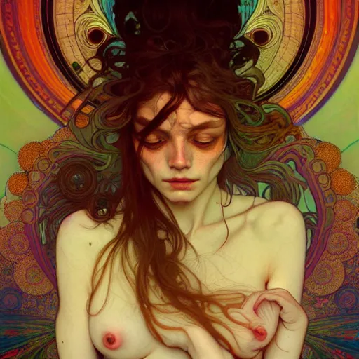 Image similar to An extremely psychedelic portrait, surreal, mushrooms, DMT, LSD, face, detailed, intricate, elegant, lithe, highly detailed, digital painting, artstation, concept art, smooth, sharp focus, illustration, art by Krenz Cushart and Artem Demura and alphonse mucha