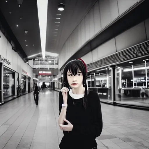 Image similar to a closeup portrait of woman walking in mall alone in style of 1990s, street photography seinen manga fashion edition, focus on face, eye contact, tilt shift style scene background, soft lighting, Kodak Portra 400, cinematic style, fish-eye camera, telephoto
