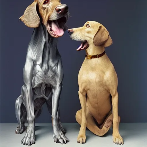 Image similar to a william wegman photograph of two dogs standing on hind legs 4k, hyperrealistic, focused, extreme details, unreal engine 5, cinematic, masterpiece, high resolution, detailed, painting by raqib shaw W- 1080