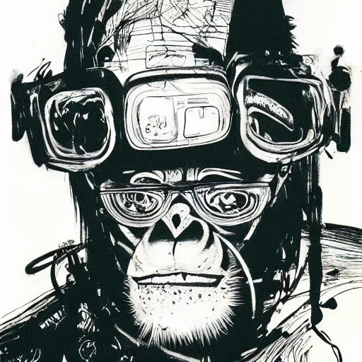 Prompt: Graphic Illustration, Creative Design, Orangutan, techwear, Cyberpunk, Portrait, Character Design, graffiti, by Ralph Steadman, Francis Bacon, Hunter S Thompson