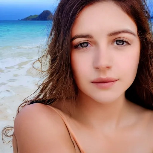 Image similar to realistic portrait of a beautiful woman in the beach, stunning akt photograph, very detailed, hd, 8k, 4k