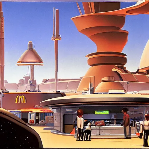 Image similar to ralph mcquarrie concept art of a futuristic mcdonalds. a space station is seen off in the distance with various droids and people walking in the foreground.