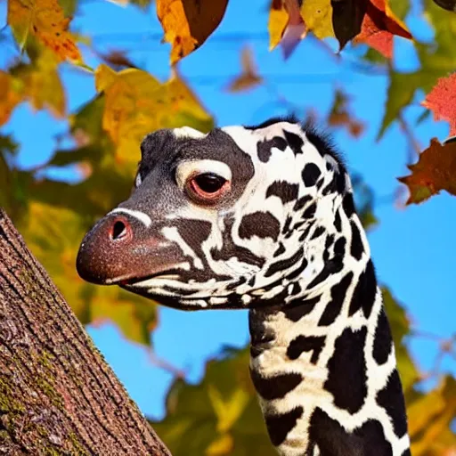 Image similar to long neck animal with spots eating tree leaves