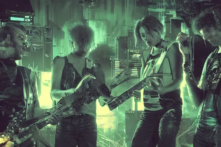 Image similar to found footage of a band in the year 3 0 0 0 s finding a new note, in liminal space, cyberpunk, film grain, dark lighting, realistic, photgraph, silent hill style, detailed cinematic lighting