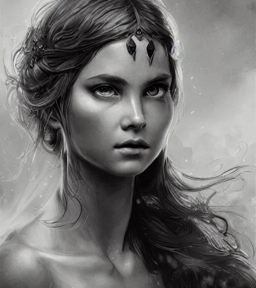 Image similar to beautiful young aphrodite goddess, archer, realistic face, beautiful eyes, black and white drawing, in the style of greg rutkowski, fantasy, amazing detail, epic, intricate, elegant, smooth, sharp focus