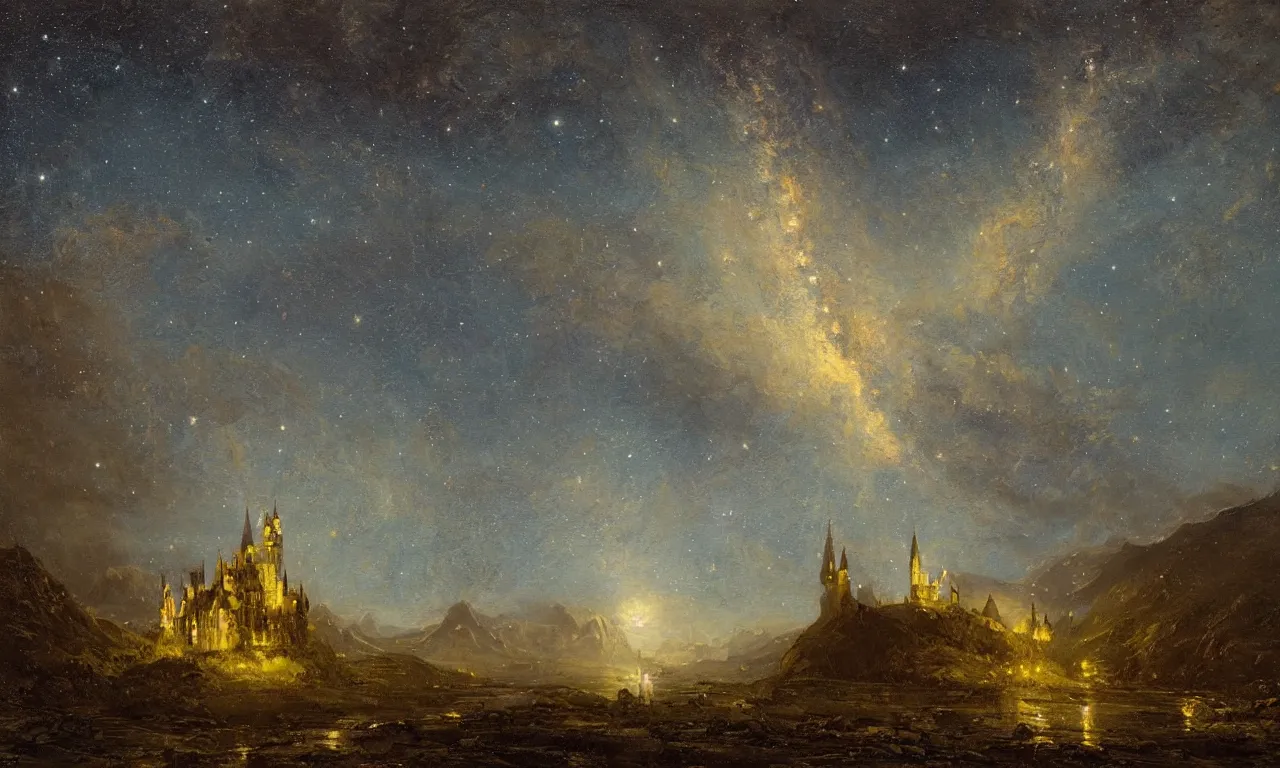 Prompt: a beautiful painting of majestic castle building glowing divinely, towering over majestic mountains and a clear night sky with a vast milky way by oswald achenbach.