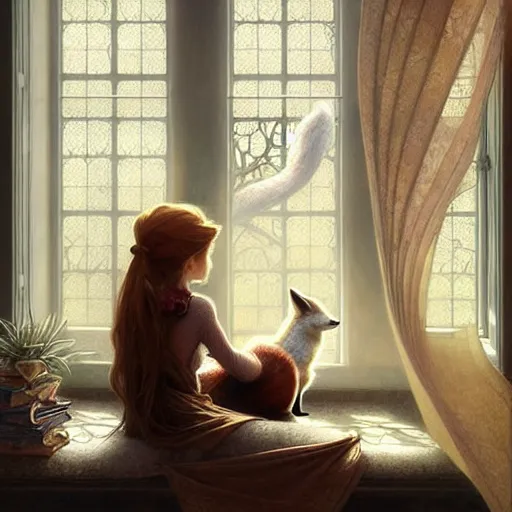 Image similar to Portrait of a girl and a fox in a cozy windowed study, reading a book while light streams in through the skylight, fantasy, intricate, elegant, highly detailed, digital painting, artstation, concept art, smooth, sharp focus, illustration, art by Krenz Cushart and Artem Demura and alphonse mucha