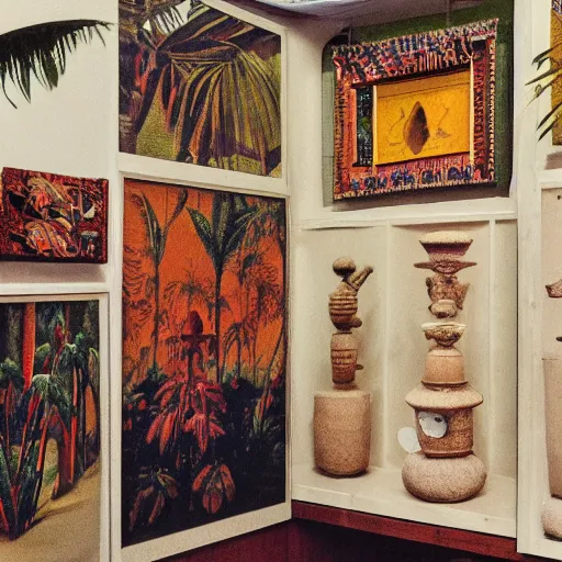 Prompt: an offset photography of an object on display, three colors, ( anthropology of wonder ), ( ( exotic artifacts ) ), bauhause, ( tropicalism ), ( colonial expedition ), exhibition, 6 0 s style