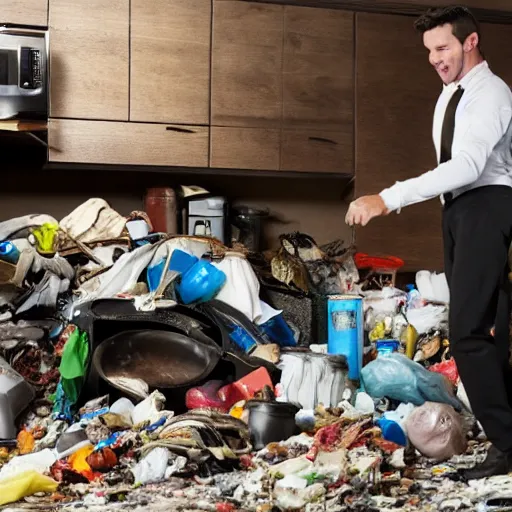 Image similar to photo of a man dancing in the kitchen, full of trash, garbage, shutterstock, getty images, istockphoto,