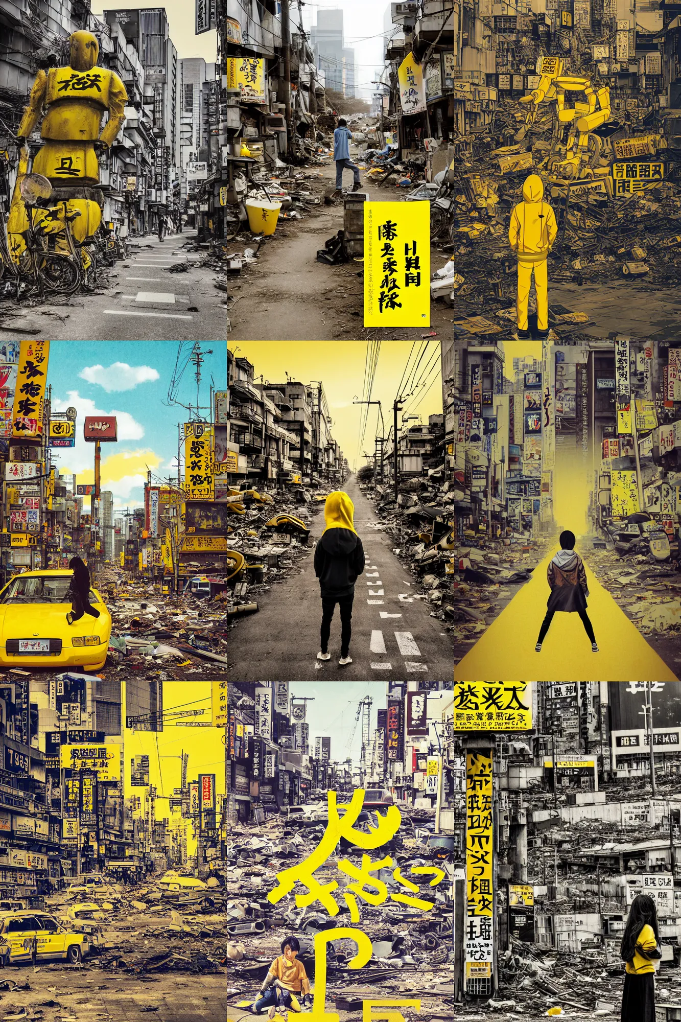 Prompt: bold yellow title kanji, anime, tatsuyuki tanaka movie poster, pale yellow sky, crosswalk, shinjuku, koji morimoto, masamune shirow, junk yard, foggy, colossal robot, bright sun bleached ground, paper texture, distant shot of hoody girl sitting in deserted dusty shinjuku junk town, old pawn shop, tangled overhead wires, telephone pole, dusty, dry, 4k, dynamic camera angle, deep 3 point perspective, fish eye, dynamic scene