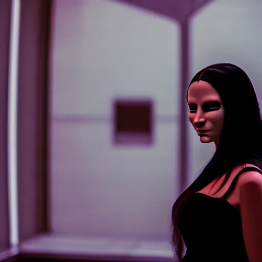 Image similar to cinematic movie still of cybernetic character named Mona Lisa in The Matrix, futuristic eye implant, cyberpunk, XF IQ4, 150MP, 50mm, F1.4, ISO 200, 1/160s, twilight in the city