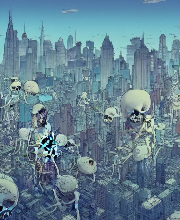 Prompt: simplicity, city skyline made out of sea slugs, in the style of a spaceship, skeletons, partly cloudy, spooky, dramatic lighting, by geof darrow, bill sienkiewicz, dan mumford, yusuke murata, makoto shinkai, ross tran, cinematic, unreal engine, cel shaded, featured on artstation, pixiv