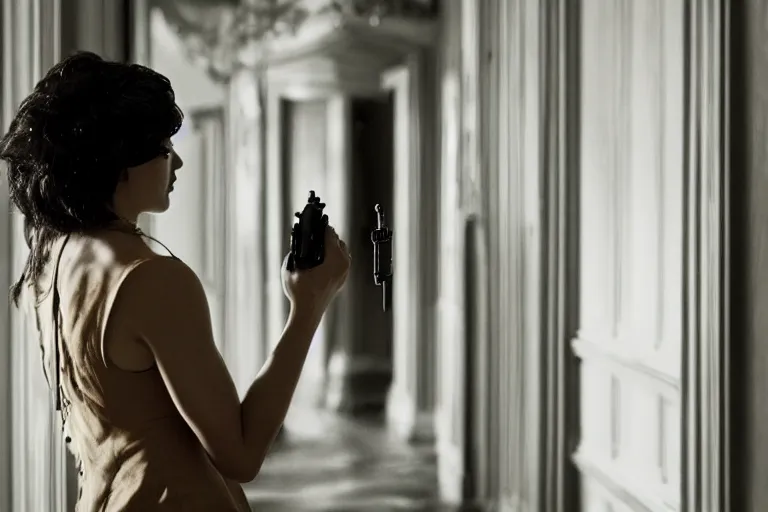 Prompt: cinematography closeup portrait of a beautiful lady cop talking to her shoulder radio in an decadent mansion foyer by Emmanuel Lubezki