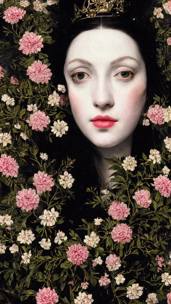 Image similar to a closeup portrait of a beautiful black haired woman with pale skin and a crown on her head sitted on an intricate metal throne, in an infinite landscape of flowers, photograph by caravaggio, canon eos c 3 0 0, ƒ 1. 8, 3 5 mm, 8 k, medium - format print