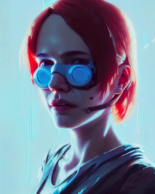 Image similar to cyberpunk synth, hyper - realistic detailed portrait of a smiling girl, red hair, by atey ghailan, by greg rutkowski, by greg tocchini, by james gilleard, by joe fenton, by kaethe butcher, 8 k, very intricate, dynamic lighting, gradient light blue, brown, blonde cream and white color scheme, sharp focus, grunge aesthetic