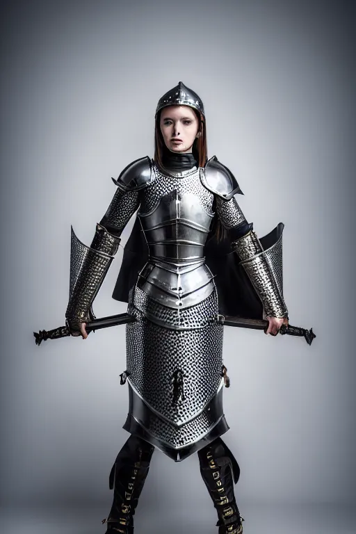 Prompt: medieval female knight, armor design by louis vuitton in collaboration with versace, no helmet, symmetrical, cinematic, elegant, demonic atmosphere, professional studio light, real dlsr photography, sharp focus, 4 k, ultra hd, sense of awe