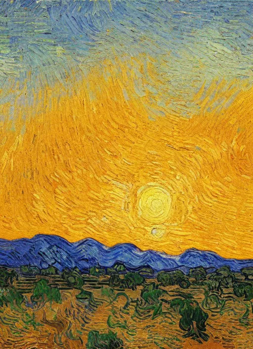 Image similar to high detailed oil painting of sunrise in the desert painted by vincent van gogh