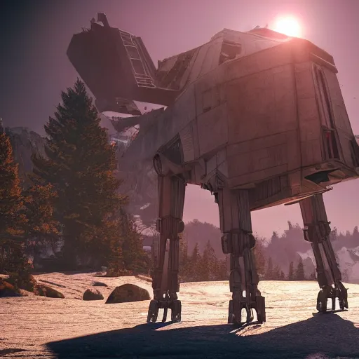 Image similar to a hyperrealistic octane render of a star wars at - at in the pose of the thinker, unreal engine, 8 k, dramatic lighting, volumetric lighting, hyper detailed, photorealistic