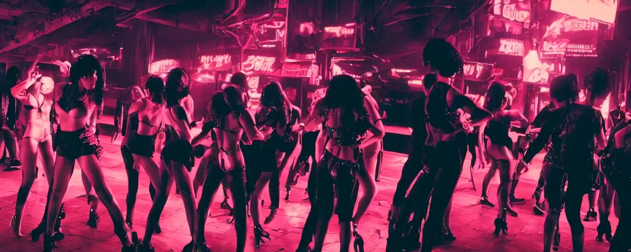 Image similar to gangster in cyberpunk night adult club, 3 5 mm, show. girls dancing, low angle, blade runner, akira, cinematic angle, cinematic lighting, reflections, action, fight