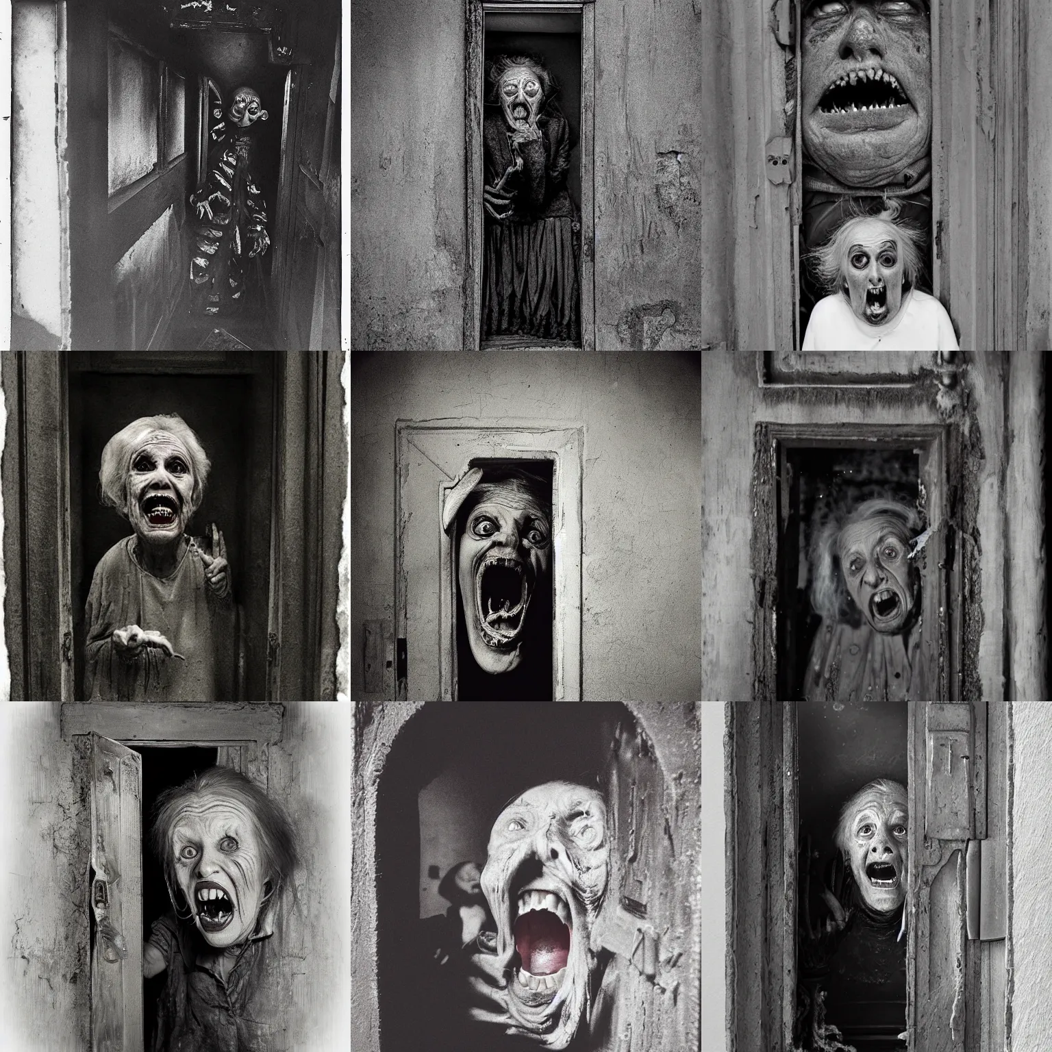 Prompt: portrait of a creepy old lady screaming creeping out of a door, morbid, macabre, dark lighting, decay teeth, black and white gainy film, 1 6 mm film vignette, matte painting by maxim verehin
